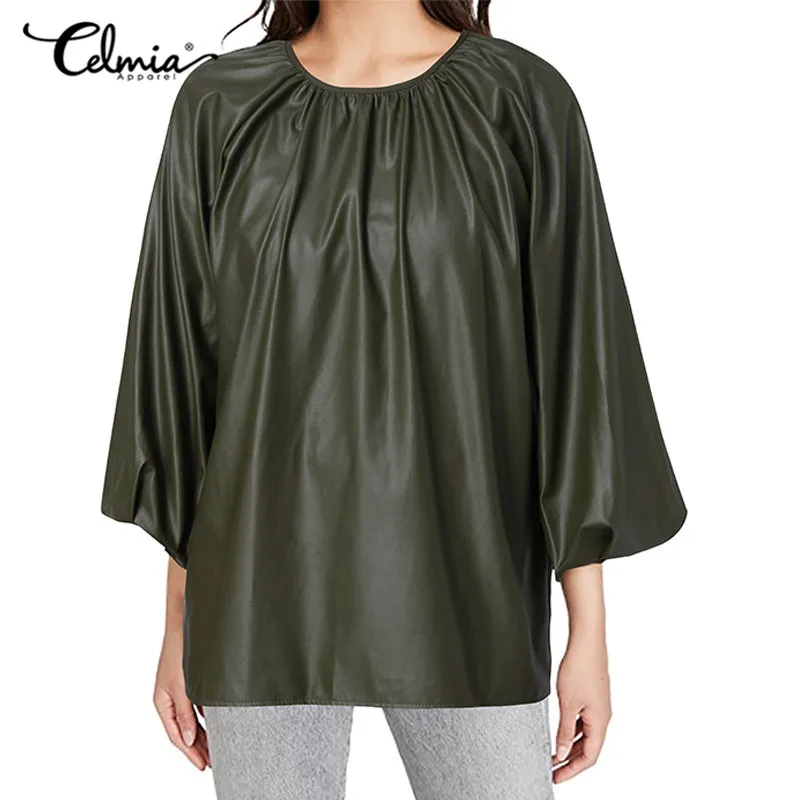 

Блузка Celmia S- Women из искусственной кожи, модная Уличная Повседневная свободная туника с рукавом 3/4, топы из искусственной кожи, блузы