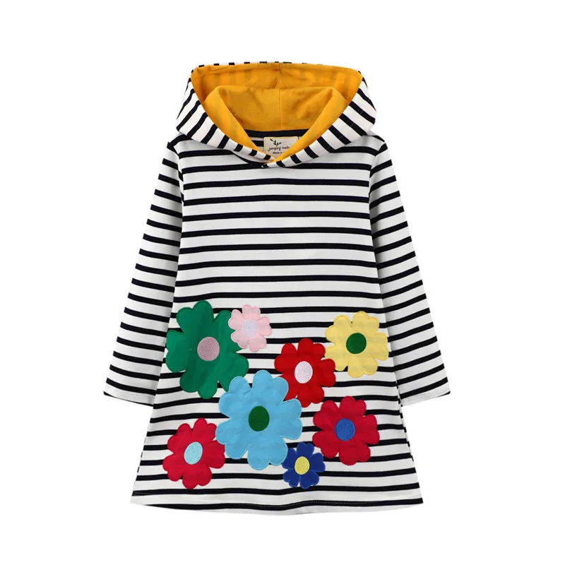 

Flower Long sleeve Girls Dress Hoody Applique Autumn Spring Baby Girl Cotton Dress With Hoodies Striped Clothing