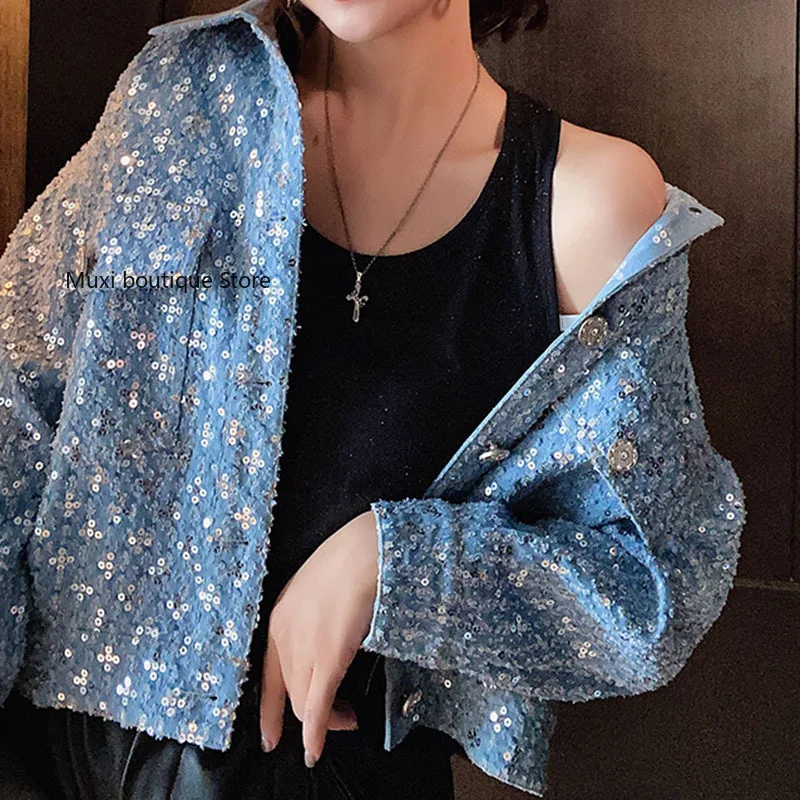 

2021 New Ladies Jeans Blue Heavy Industry Sequin Long Sleeve Single-breasted Loose Jeans Coat
