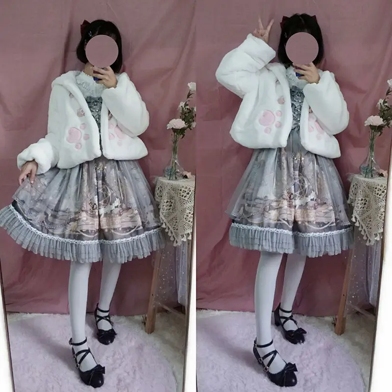 Sweet Cute Soft Girls Cartoon Anime Ears Hooded Fur Jackets Women Japanese Style Short Warm Plush Teddy Coat Female Lolita Coats