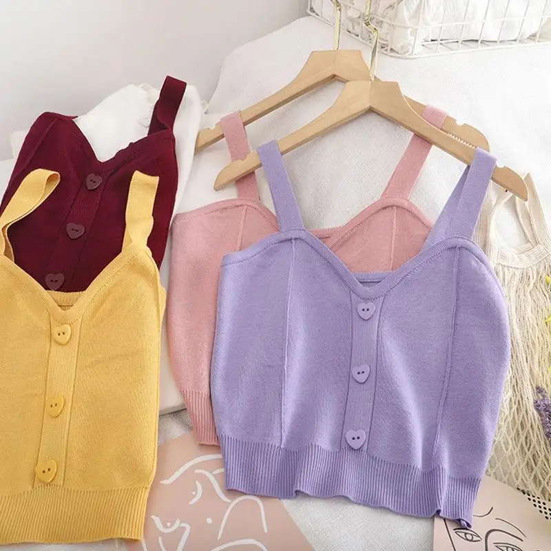 

Women's Knitted Buttons Crop Top Corset Sleeveless Spaghetti Summer Camisoles Tube Vest Female Tops Top Streetwear Sexy Tan