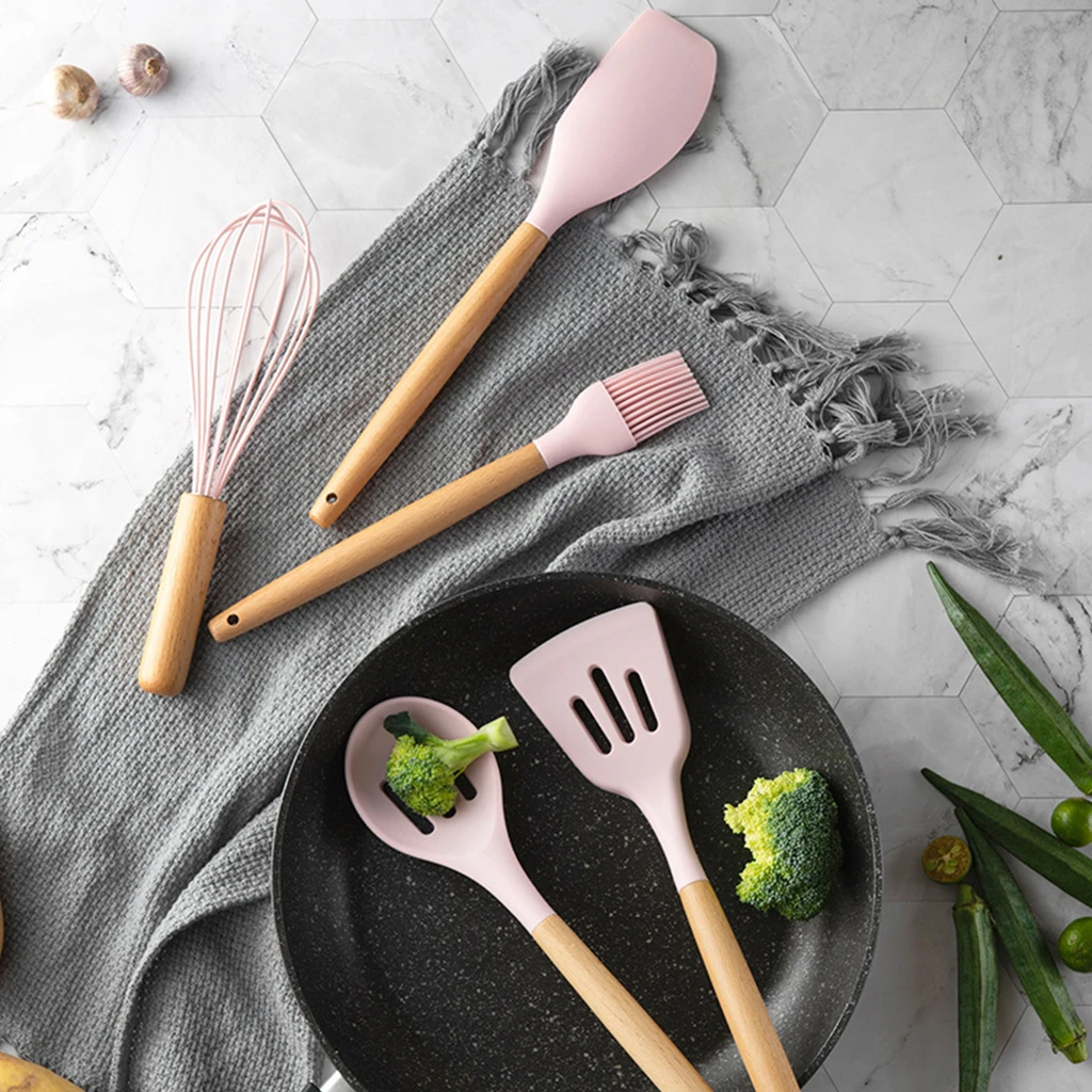 9/10/12 Pcs Silicone Cooking Tools Kitchen Utensils Set Bamboo Handles Cooking Tool None Toxic Kitchen Gadgets Nonstick Cookware