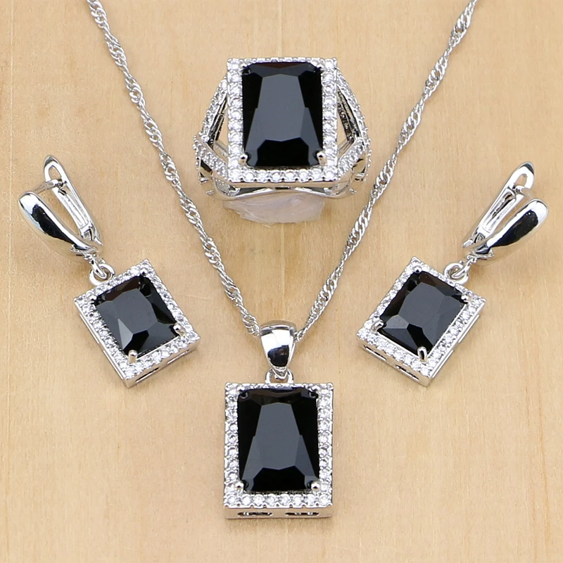 

Women 925 Sterling Silver Jewelry Black CZ White Birthstones Jewelry Set Wedding Earrings/Pendant/Necklace/Ring Dropshipping