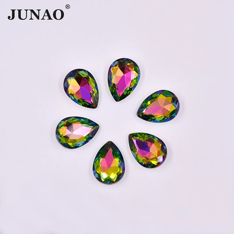 

JUNAO 13*18mm Rainbow Teardrop Glass Rhinestones Pointback Crystal Diamond Glass Stone Non Hotfix Strass For Jewelry Crafts