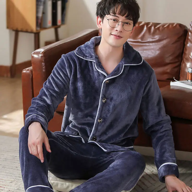 man pajama set Теплая Пижама Мужская Фланелевая Зимняя Толстая Пижама Мужская Толстая пижама с длинным рукавом Повседневная Осенняя Пижама для мужчин коралловый флис для сна XXXL - Цвет: man pajama set