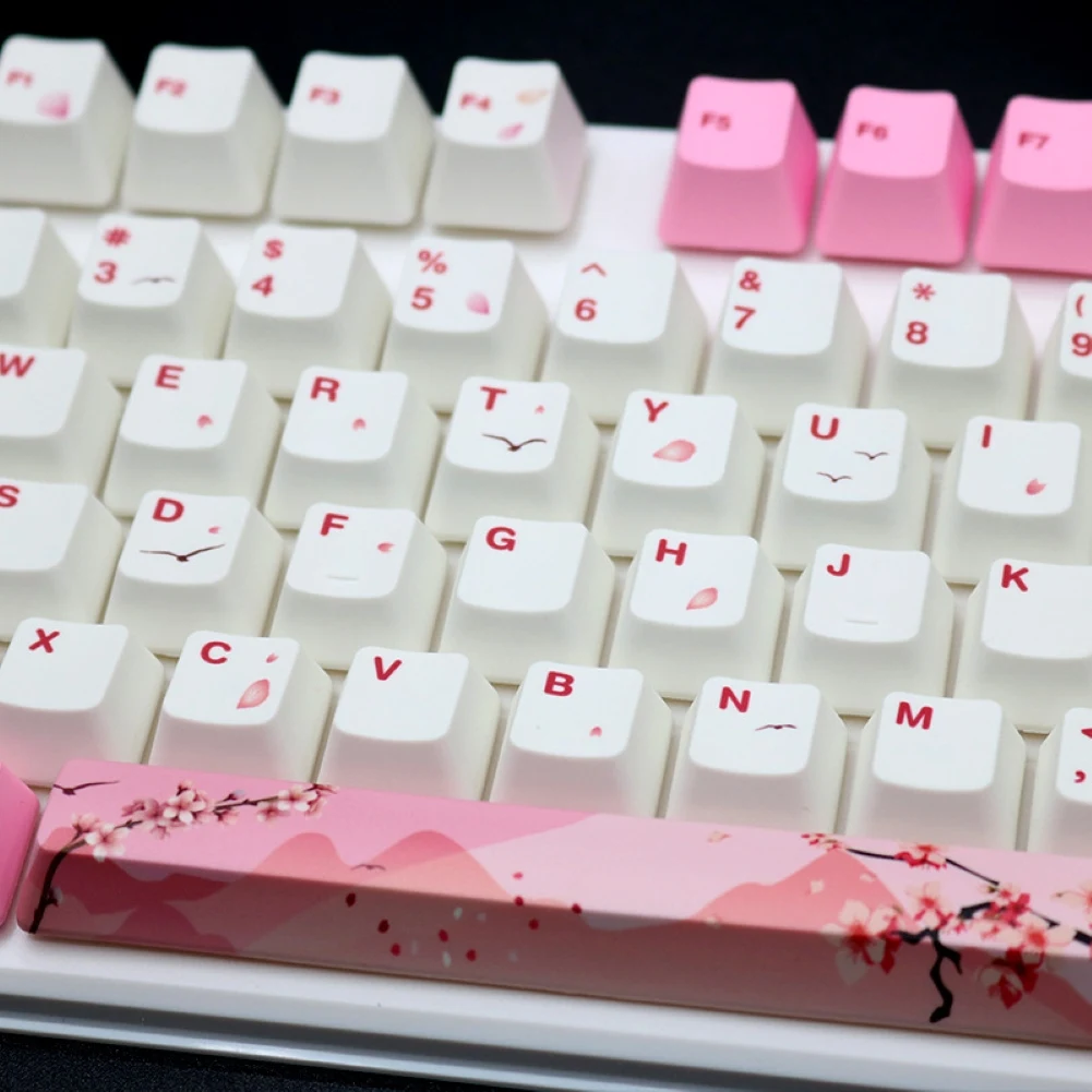 

104 Keys PBT Pink Sakura Pattern Keycaps Replacement Set Keyboard Accessory Sakura Pattern Durable Large Compatibility Keycaps