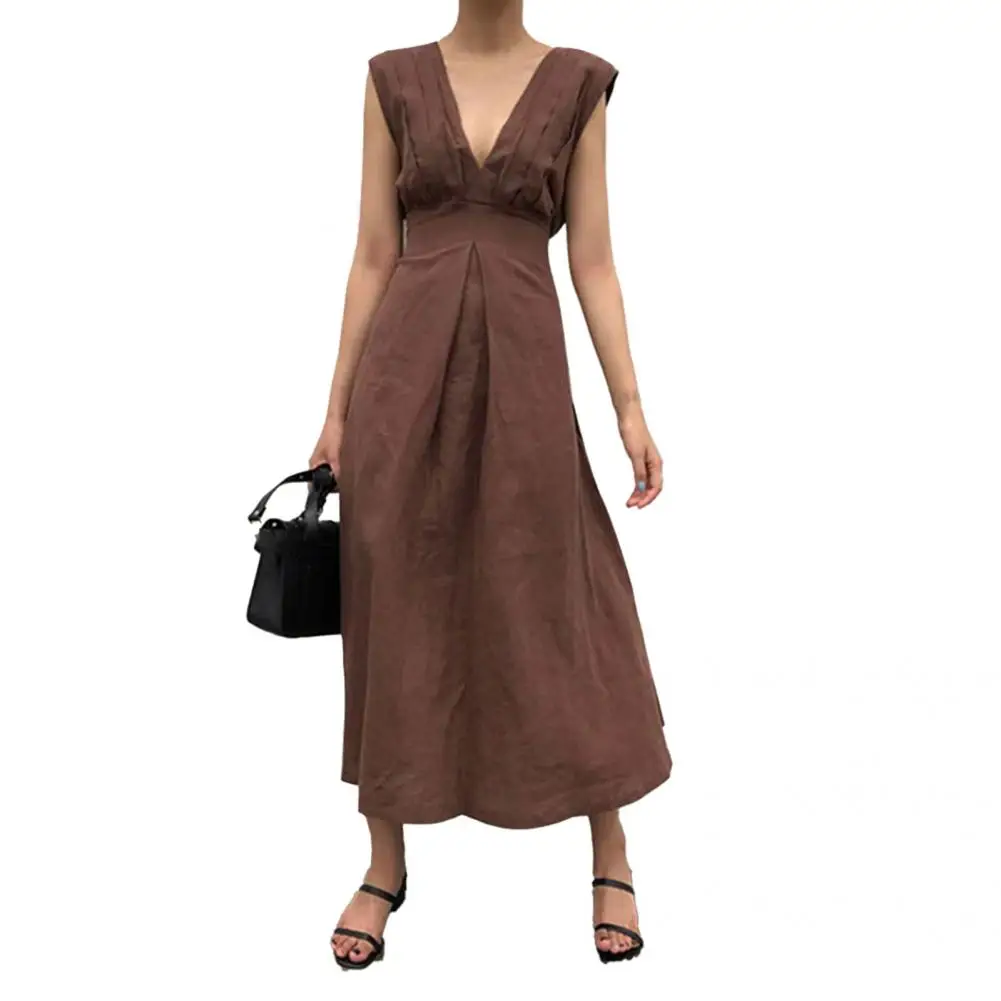 

Summer Fashionable Solid Color V Neck Dress Soft Long Dress Long for Office