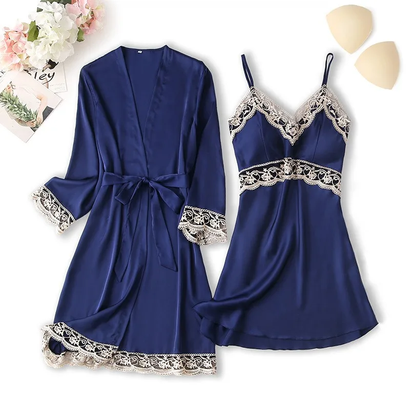 

Комплект из 2 предметов, женская одежда для сна, атласное интимное белье, сексуальное кимоно из искусственного шелка, халат, кружевной халат ...
