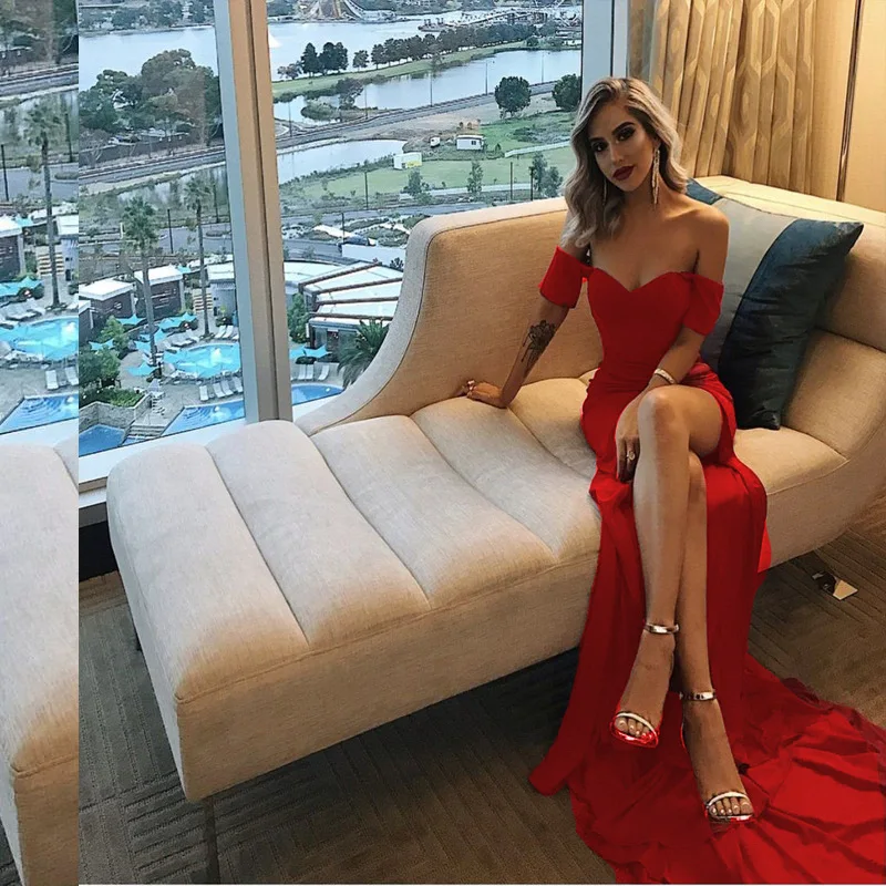 

WEPBEL Women's Elegant Short Sleeve Slash Neck High Waist Dress Summer Fashion Solid Color Slim Fit Slit Dress