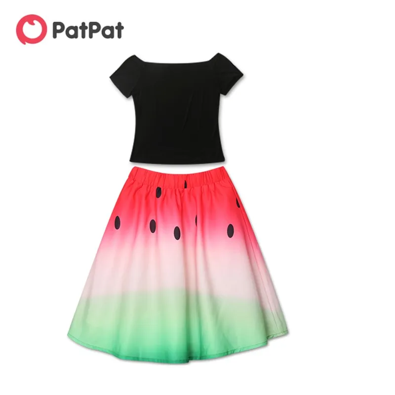 Фото PatPat комплект из 2 предметов платье с рисунком арбуза и футболка мама я открытыми