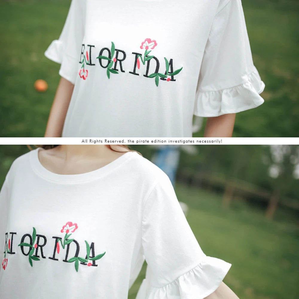 Женская Расклешенная футболка с коротким рукавом свободная цветочной вышивкой и