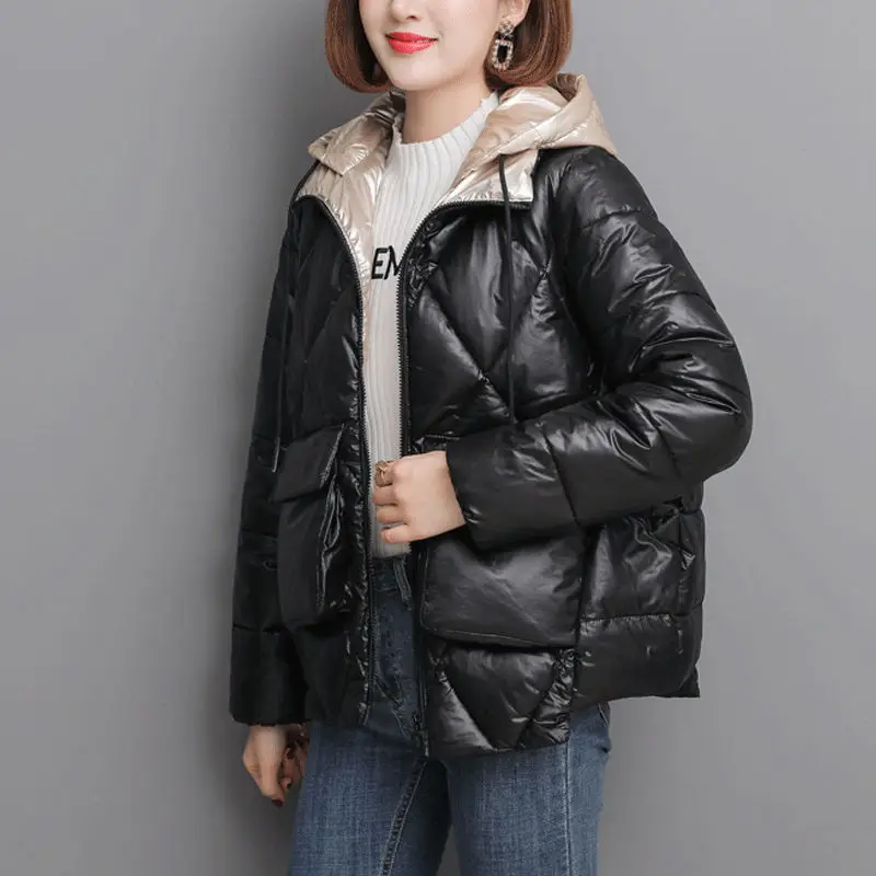 Short Parkas Women Patchwork Hooded Simple Solid Pockets Womens Casual Korean Style Females Daily All-match Winter Chic | Женская одежда