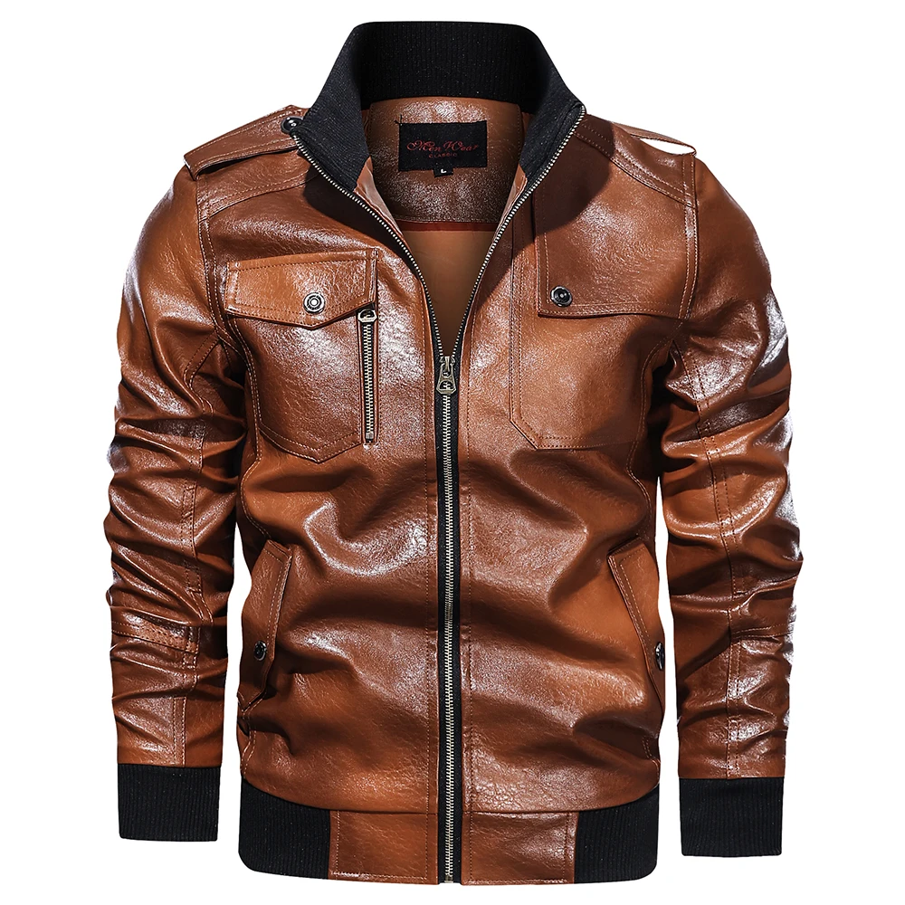 New Autumn Winter Leather Jacket Men Stand Collar Motorcycle Washed Leather Jacket Mens Pu Coats Quality Leather Military Bomber