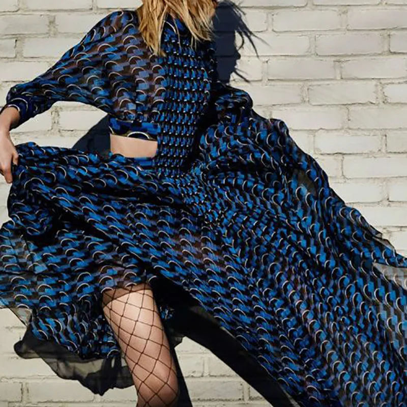 

New Fashion Women Casual Dress Waist Hollow out print Long Dress Flare Sleeve Oversize Dress Vestido Maxi Dress