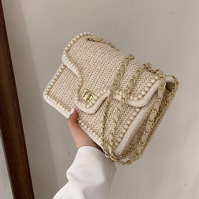 

Weave Square Crossbody bag 2021 Summer New High-quality Straw Women's Designer Handbag Pearl Chain Shoulder Messenger Bag Purses