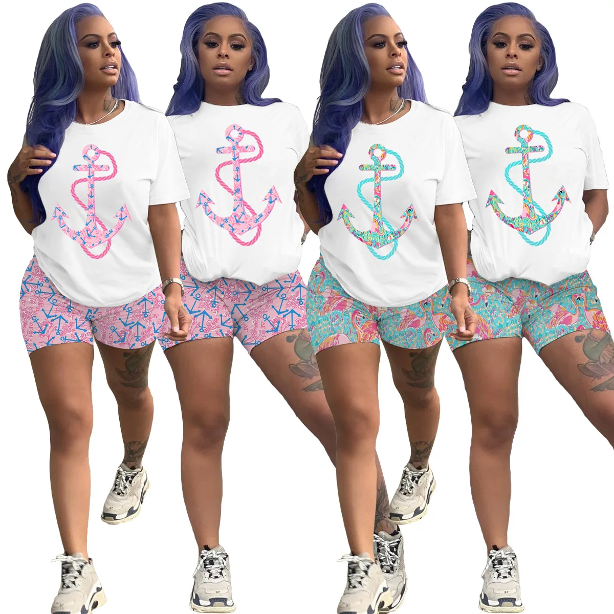 

2020 Summer Women Suit Hot Selling Navy Style Solid-color Anchor Print Short Sleeves T-shirt & Biker Shorts Two Piece Set