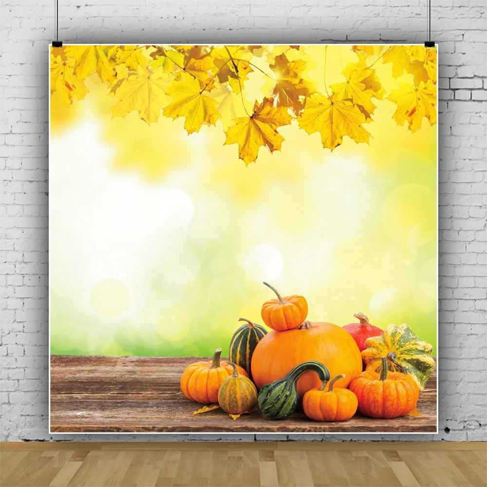 

Laeacco Autumn Pumpkin Fruit Wooden Boards Photography Backdrop Yellow Maple Leaf Light Bokeh Photocall Background Photo Studio