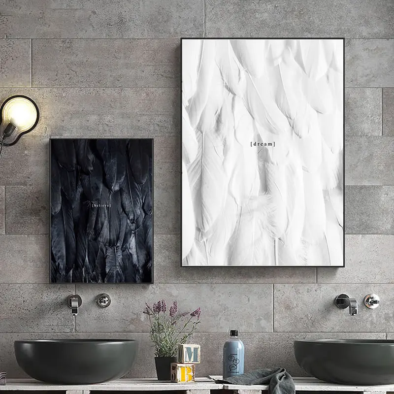 Модные черные и белые перья поощряют мечты верят печать на холсте Постер