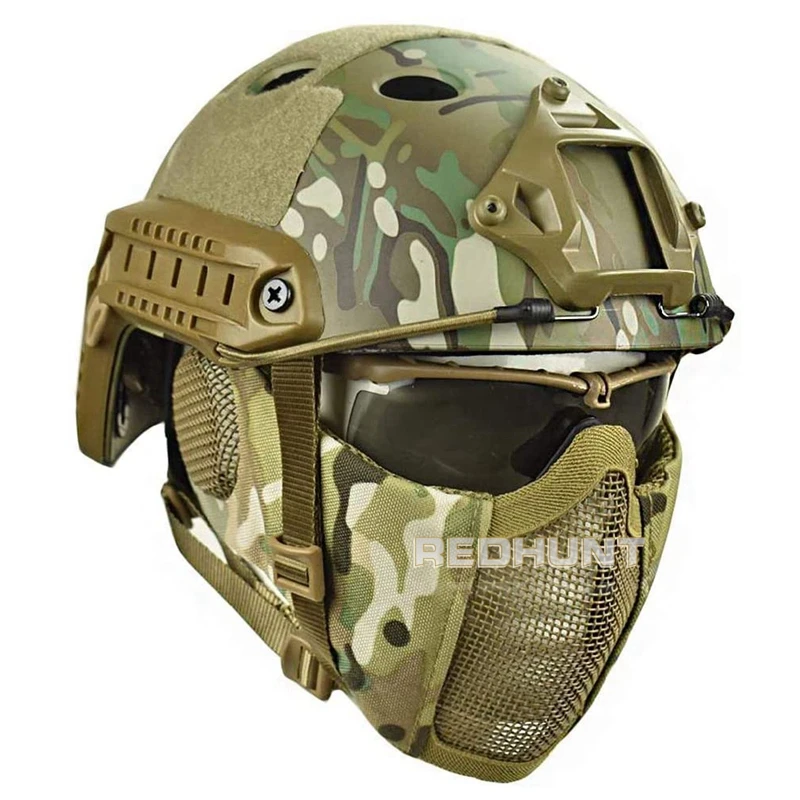 Tactical PJ Fast Helmet with Goggle Steel Mask Protect Ear Foldable Full Face Helmet Cover for War Game CS Paintball Hunting