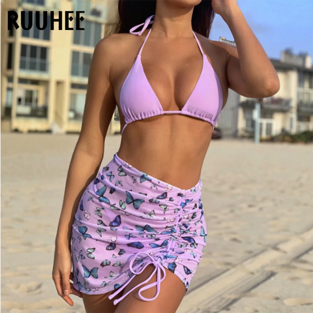 

RUUHEE 3 Pcs Sexy Bikini Women Push Up Tie Dye Solid Swimsuit Thong Bathing Suit 2021 Swimwear Brazilian Biquini Bikini Female
