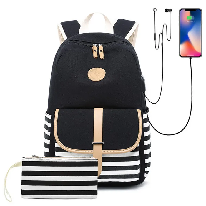 style2-2pcs-black 2 комплекта, USB школьные сумки для девочек-подростков, рюкзак для ноутбука, сумка для женщин, рюкзаки для телефона, сумка в полоску с принтом, mochila escolar - Цвет: style2-2pcs-black