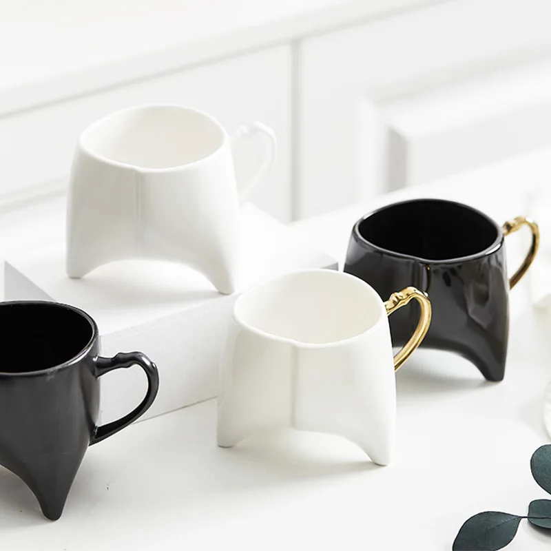 

Creative Triple Ceramic Coffee Mug Gold Plating Handle 250ml Brief Office Teacup