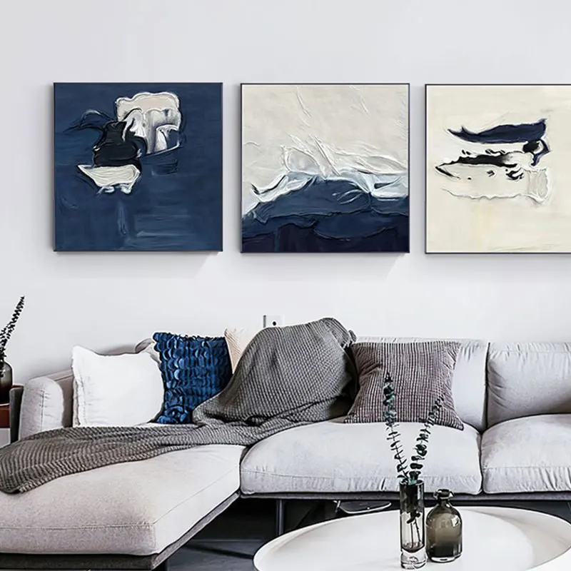 

Abstract Blue and White Wall Art Painting Modern Sea and Clouds Posters Wall Pictures for Loving Room Stairway Square Home Decor