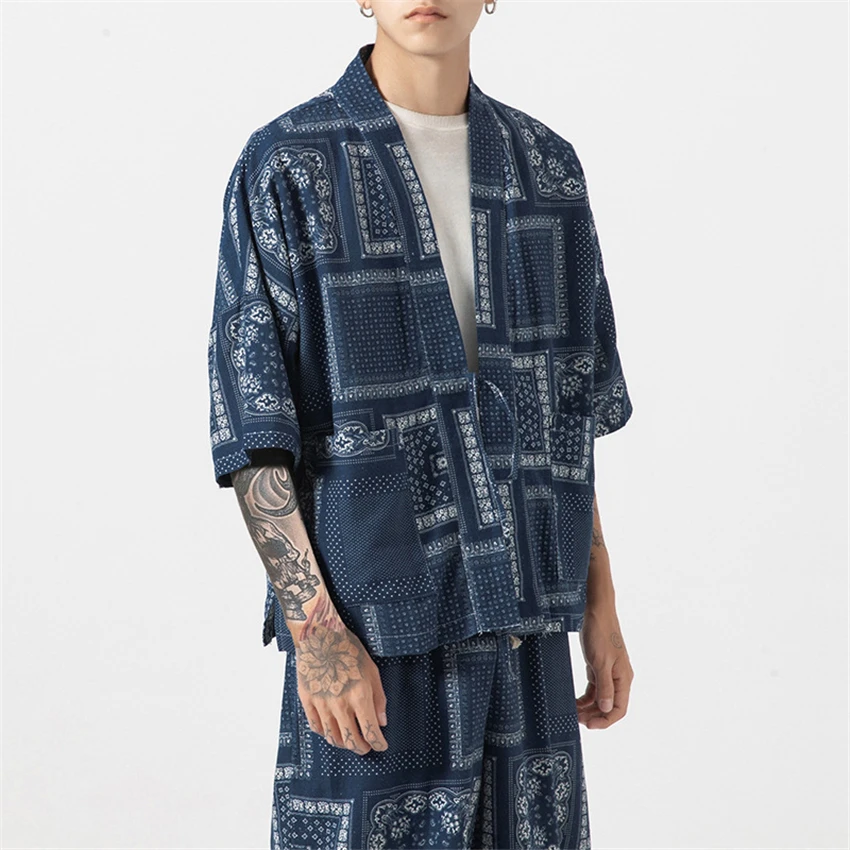 Кимоно мужское из хлопка и льна хаори кардиган в японском стиле Харадзюку