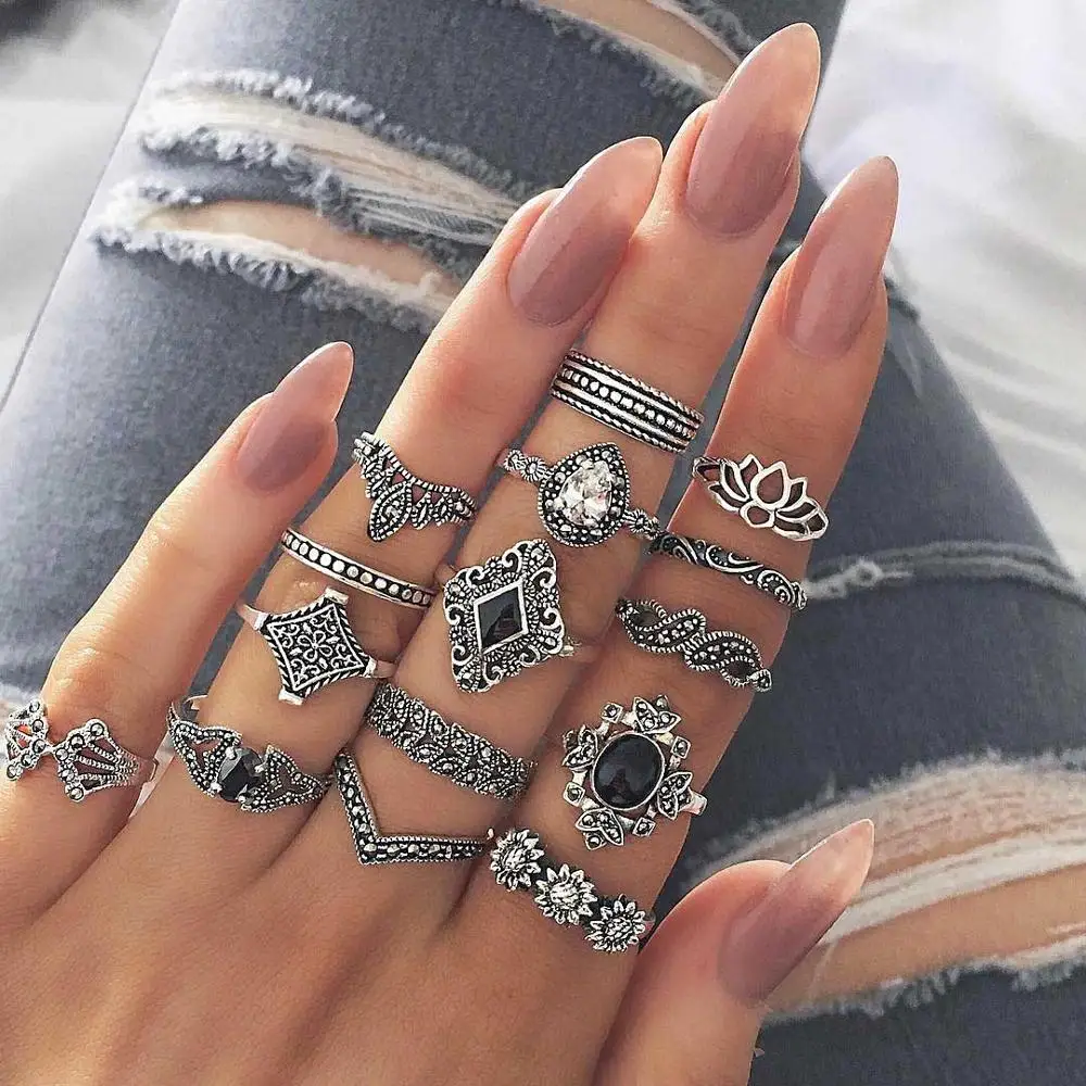

Vintage Midi Finger Rings Set For Girls Beach Geometric Green Crystal Moon Knuckle Ring Women Boho wedding Jewelry