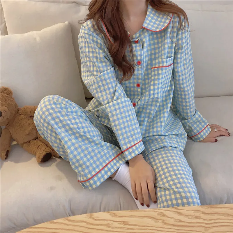 

2020 new autumn loose-breasted lapel long-sleeved plaid trousers pajama suit for women sleepwear women cotton pajama set
