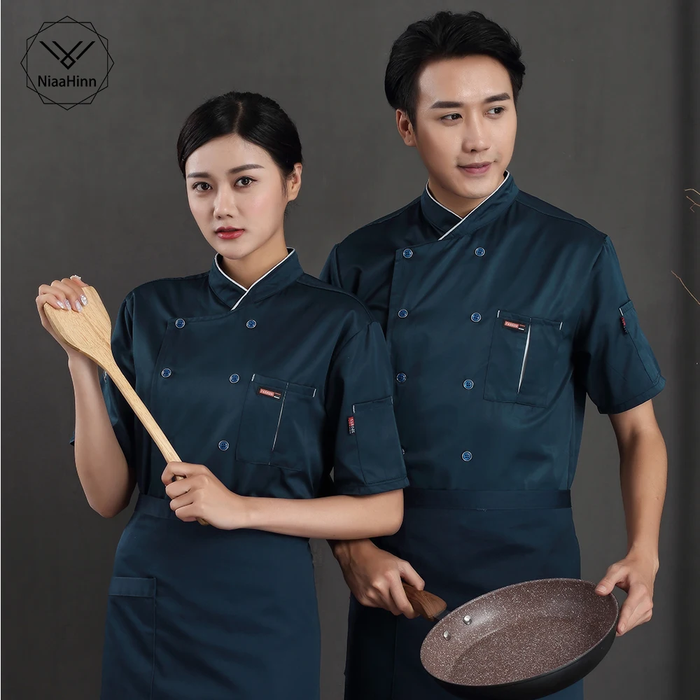 Новая летняя дышащая синяя куртка шеф повара с короткими рукавами костюм для