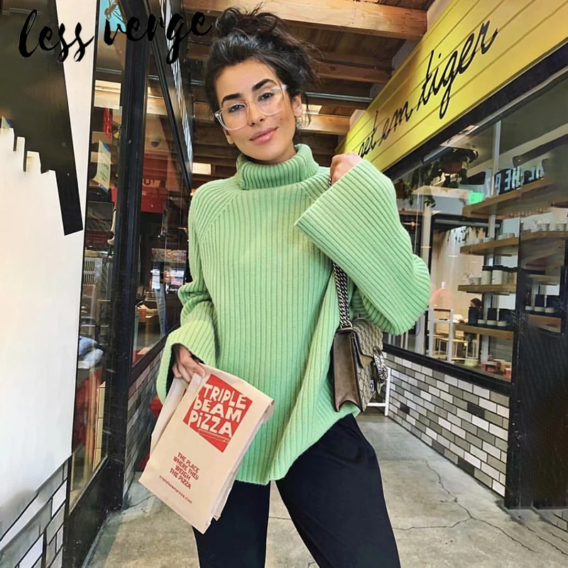 lessverge Khaki knitted christmas sweater women Long sleeve turtleneck korean winter Loose warm long pullover jumper | Женская одежда