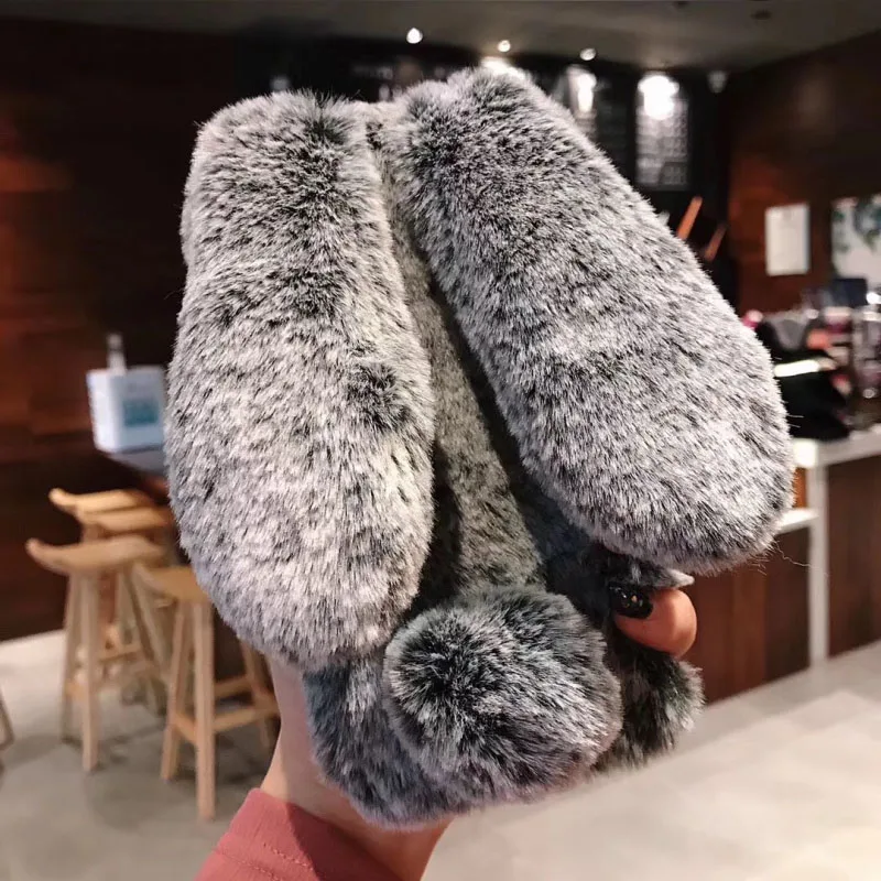 3D Rabbit Ears Fur Phone Case for Samsung Galaxy A6 A7 A8 Plus A9 J2 J8 J4 J6 Prime 2018 Soft Fluffy Back Cover | Мобильные телефоны