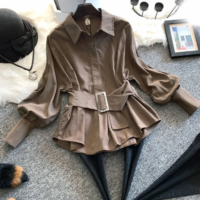 

2021 Autumn New Style Foreign Women Shirt Waist Tops Personality Lantern Sleeves Pullover Solid Color Female A