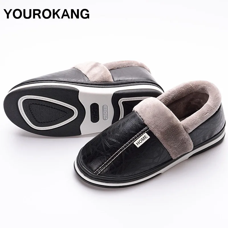 Couple Home Slippers Winter PU Leather Women Plush Slippers For Lovers Plus Size Indoor Warm Furry Soft Floor Female House Shoes