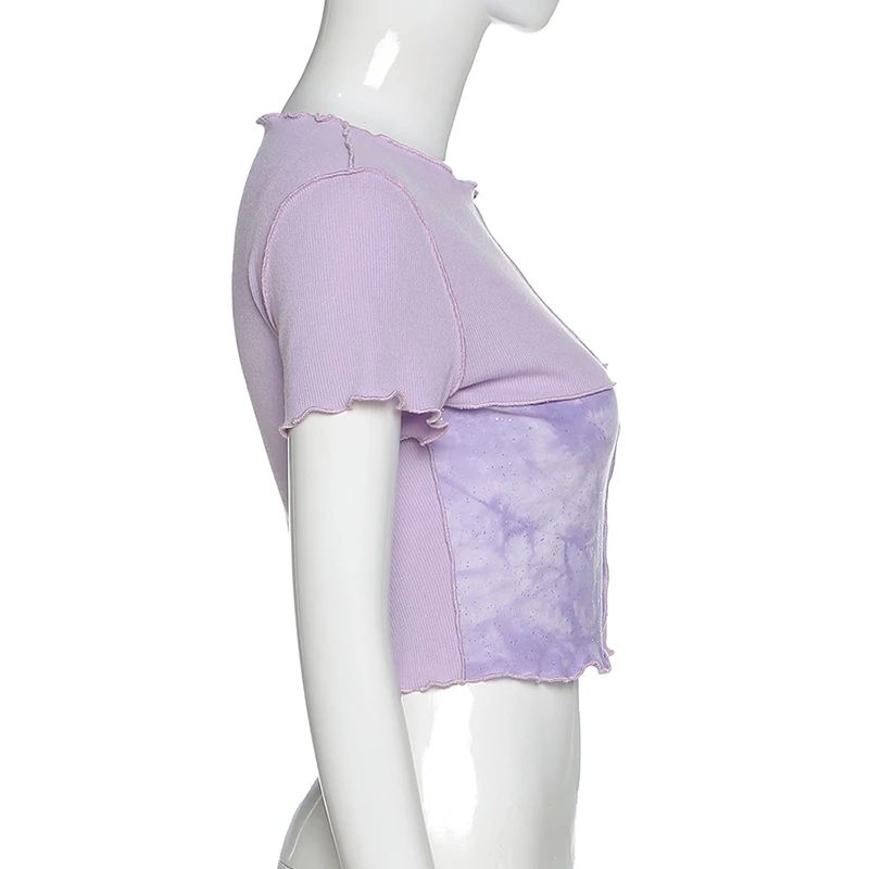 

Round Neck Casual Tees Party Summer Clothes 2021 Women Tie Dye Cropped Top Ruffle Frill Short Sleeve Tops Patchwork T-Shirts