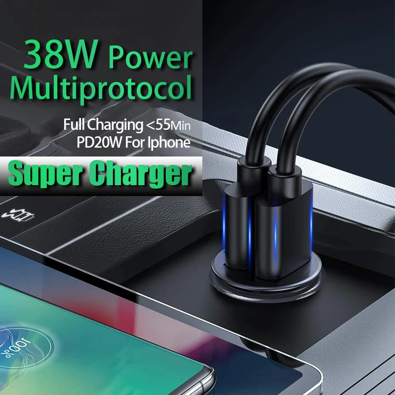 

Super Fast PD USB TypeC Car Charger 38W Charging For iPhone 12 11 XS Xiaomi Samsung QC4.0 QC3.0 Two Port Cigarette Lighter
