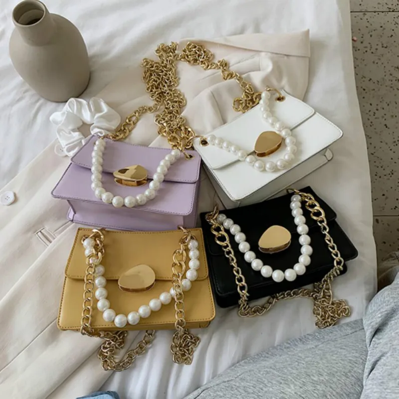 

Solid Color Square Pearl Tote Bag High-quality PU Leather Women's Designer Handbag Chain Shoulder Messenger Bag Ins Hot Bag #40