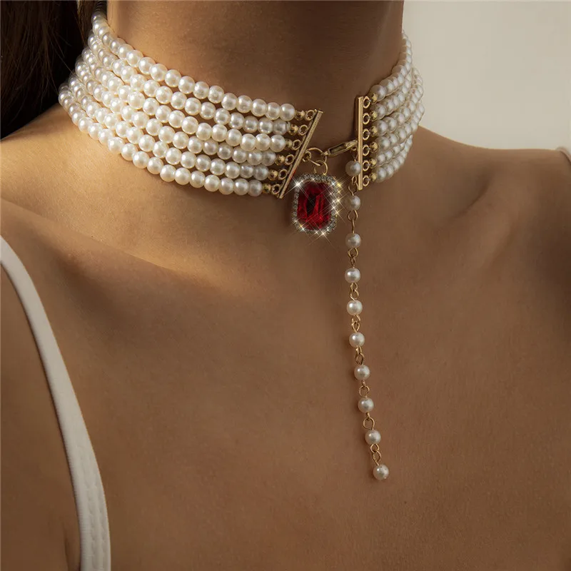

NEW Chocker High-end Baroque Ruby Pendant Bead Set Clavicle Chain Retro Ethnic Gemstone Woemn's Neck Chain Unique Trinket