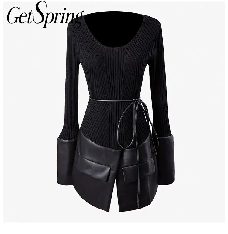 

Getspring Women Sweater Pu Patchwork Bandage Knitting Sweater Women Asymmetry Vintage Casual Flare Sleeve Knit Top Women 2020