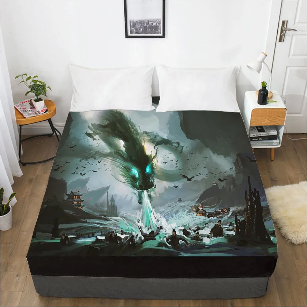 

1 PCS 3D Printed Drogon Destruction Soft Fitted sheet With Elastic Band solid Bed Sheet Cover-Wrinkle Abrasion Resistant Sheets
