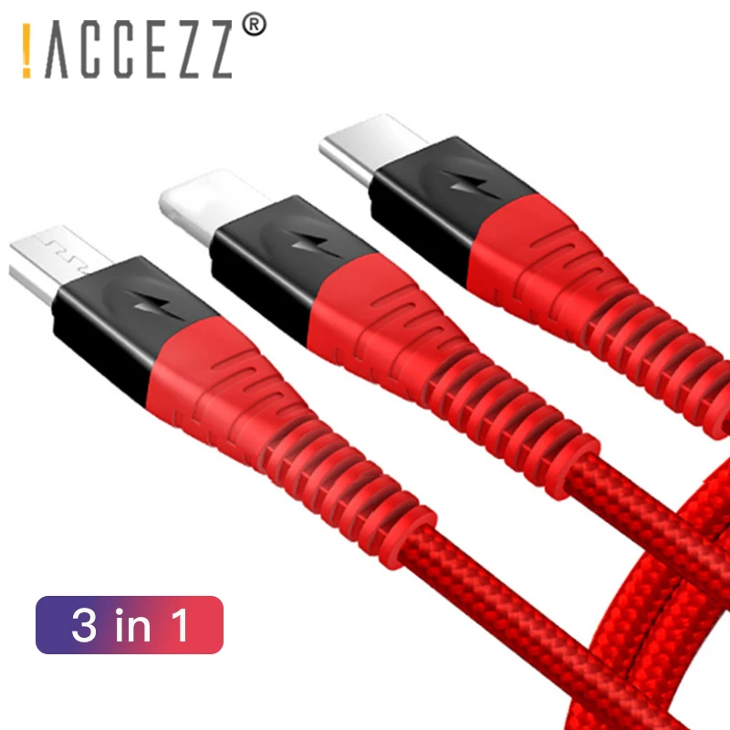 ! USB кабель ACCEZZ 3 в 1 прочный для быстрой зарядки мобильного телефона А iPhone 7 8 6 X XS XR