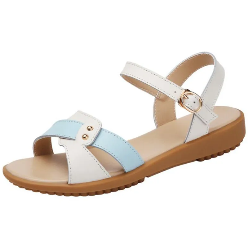 

Women Female Ladies Mother Genuine Leather Shoes Sandals Flats Soft Buckle Casual Shoes Summer Mixed Colour Beach Sandals