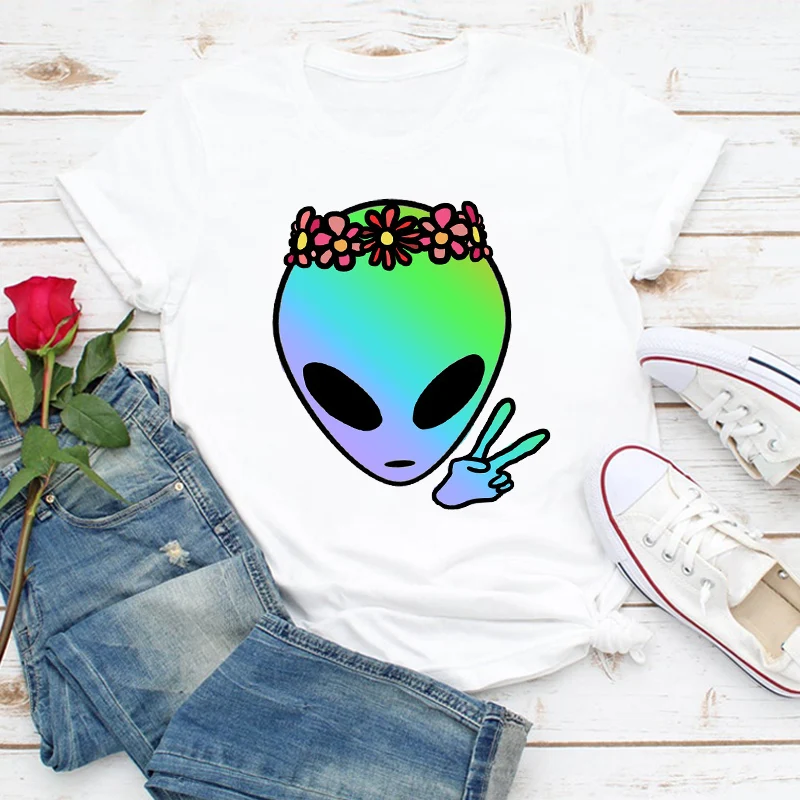 

Couple Clothes Cartoon Alien Flower Face Funny Print Lady Summer Shirt Female Top T Graphic T-shirts Ladies Womens kawaii Tee
