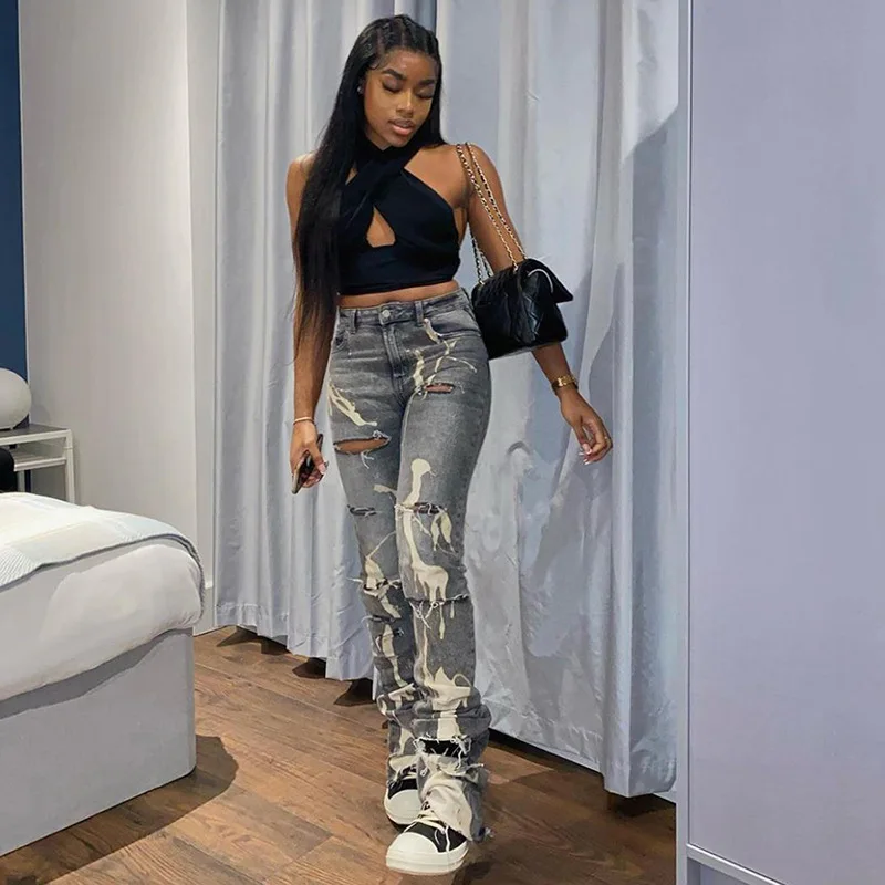 

Streetwear Women 2021 Spring and Autumn Models Women's High Waist Slimming Printed Straight-leg Hole Casual Street Style Jeans