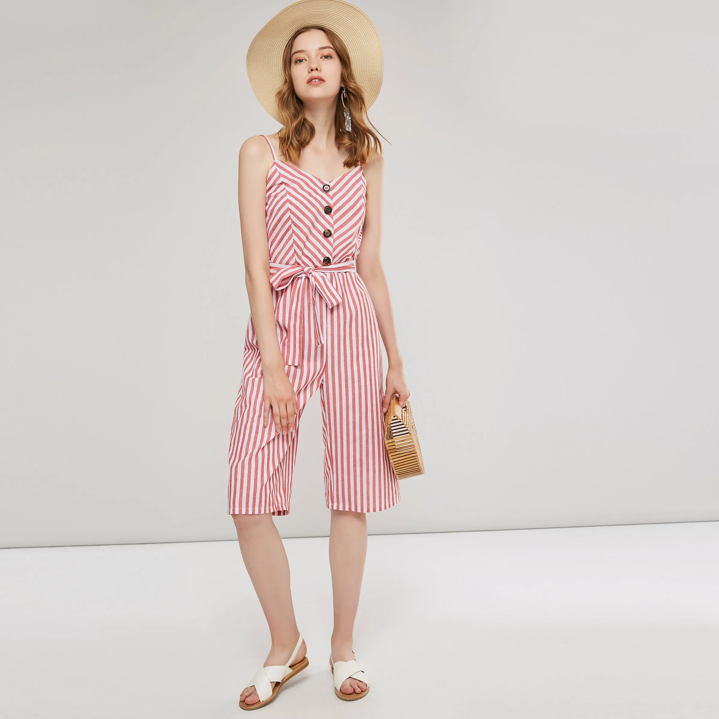 Женский комбинезон в стиле бохо розовые милые модные тонкие широкие полосатые