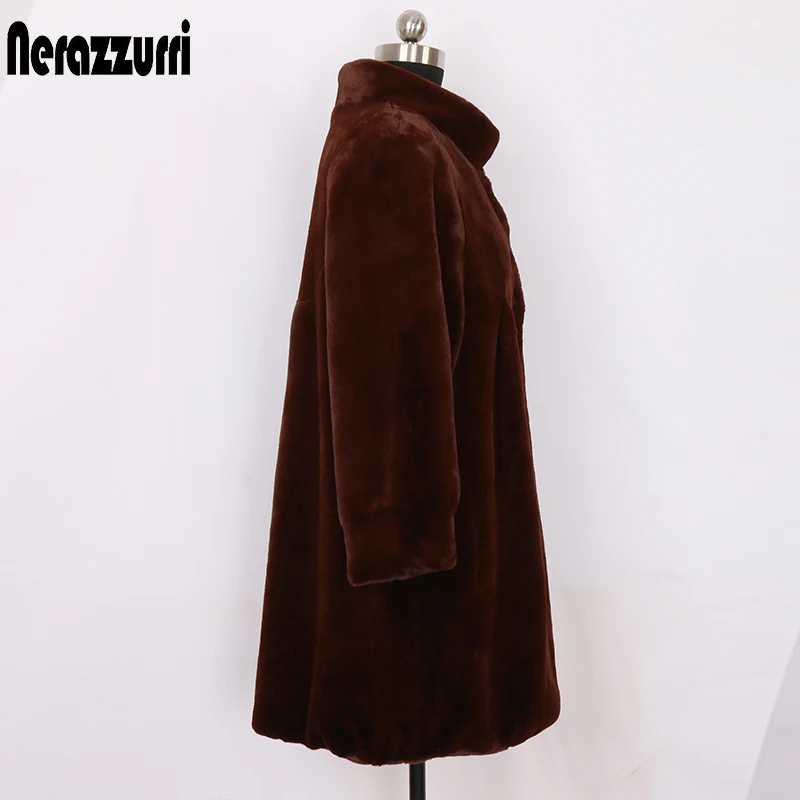 Nerazzurri Winter faux fur coat women long sleeve stand collar Fluffy warm thick fake coats for Plus size fashion 2020 | Женская одежда