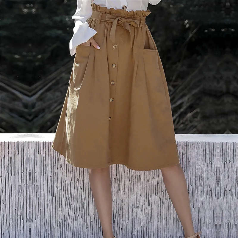 

High Waist Lace Up Skirts for Women Elegant Office Lady Solid Color Buttons Flared Skirts A-Line with Side Pockets New Fashion