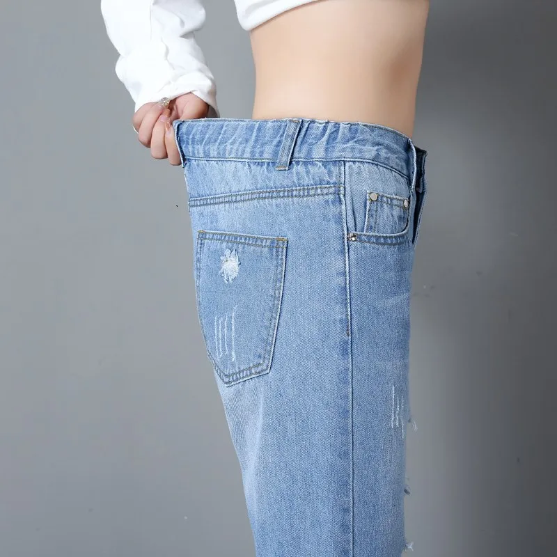 JoinYouth/однотонные джинсы с дырками и высокой талией эластичные большого размера