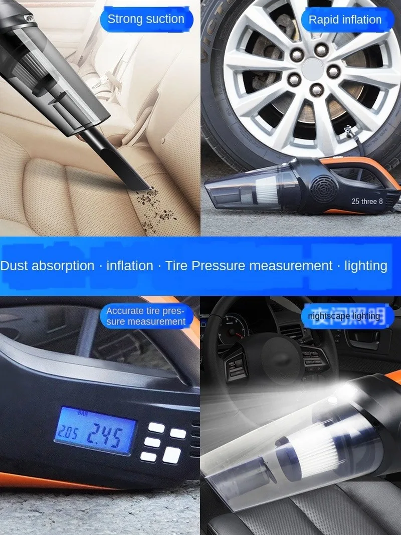 

Car vacuum cleaner, inflation, pressure measurement, lighting, tire pressure preset